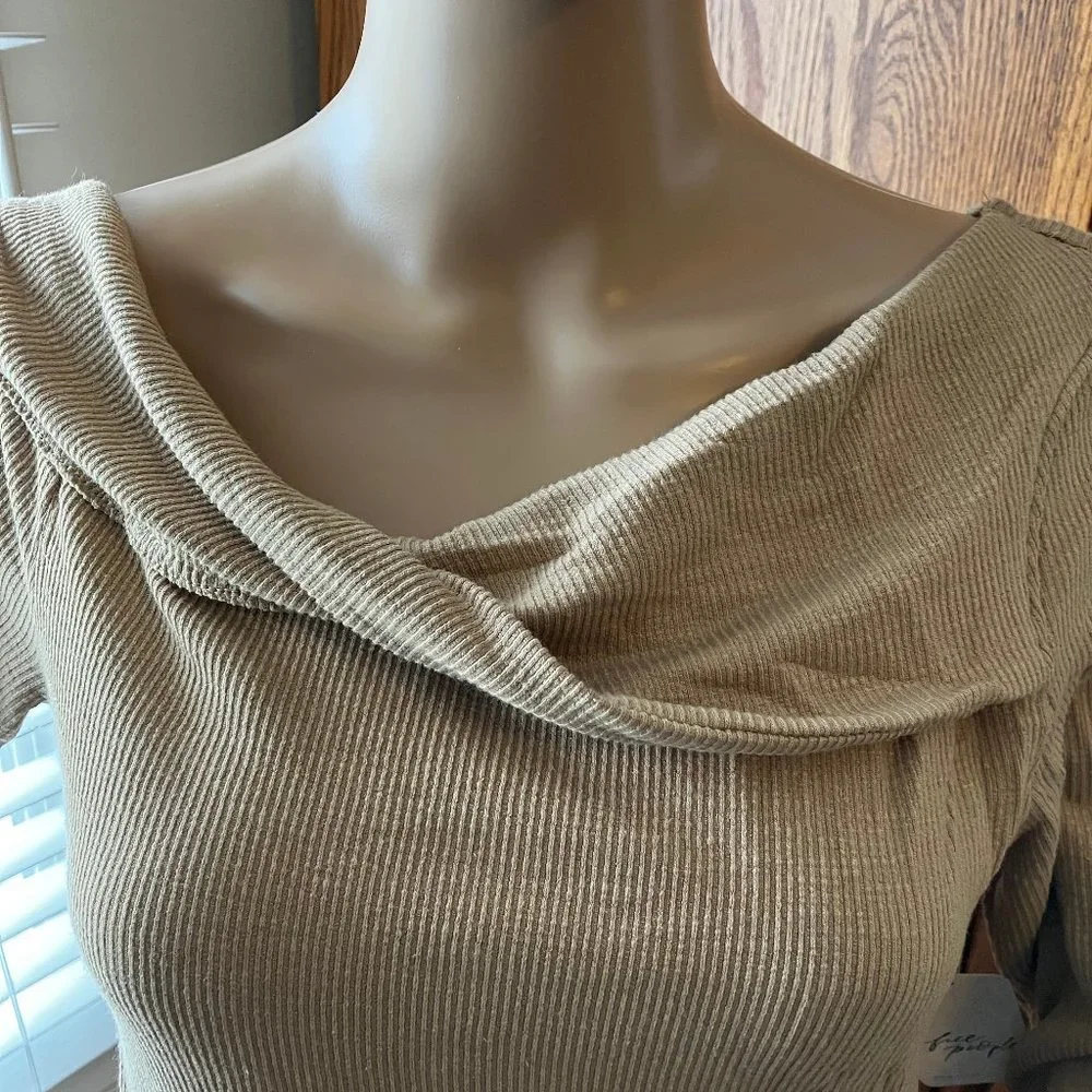 Free People Addie Top - Long Sleeve Off-Shoulder Ribbed Top in Tan